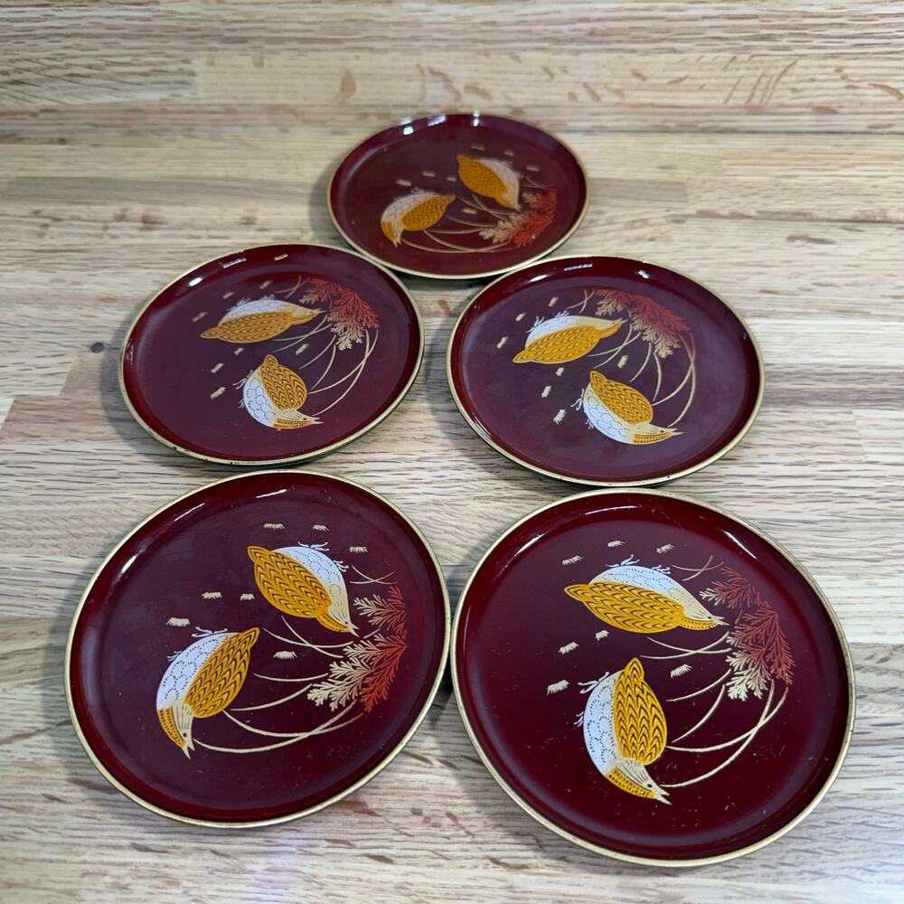 Vintage Japanese Lacquerware Coasters Set of 5 Burgundy Gold Floral 4 Inch